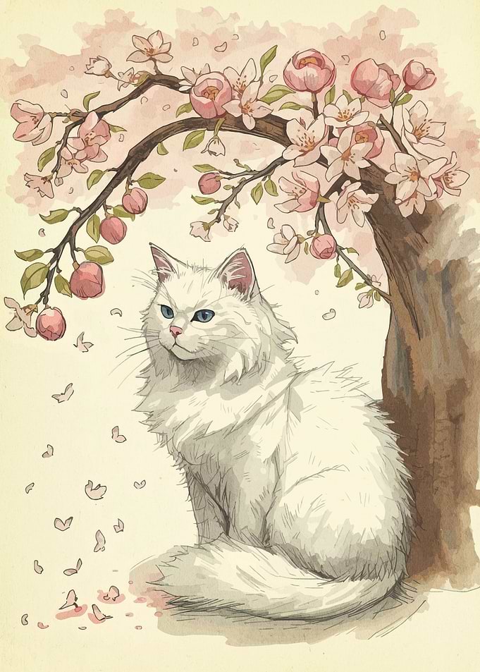 White Cat Under Cherry Blossom Tree