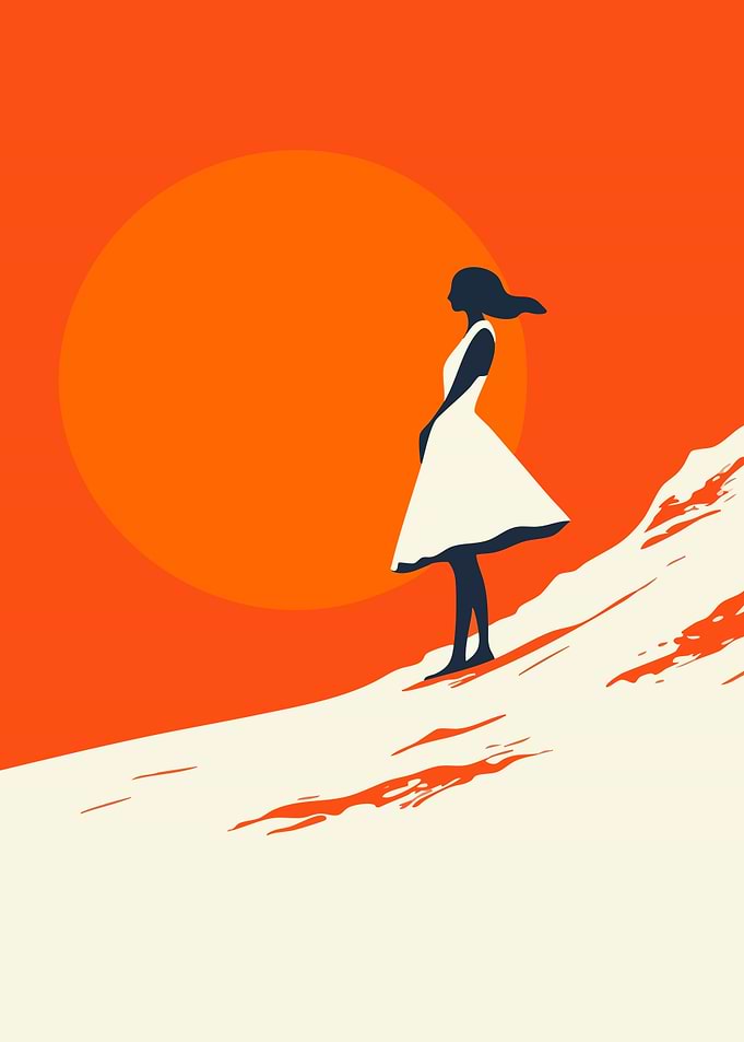 Woman Silhouette at Orange Sunset Canyon Minimalist Art