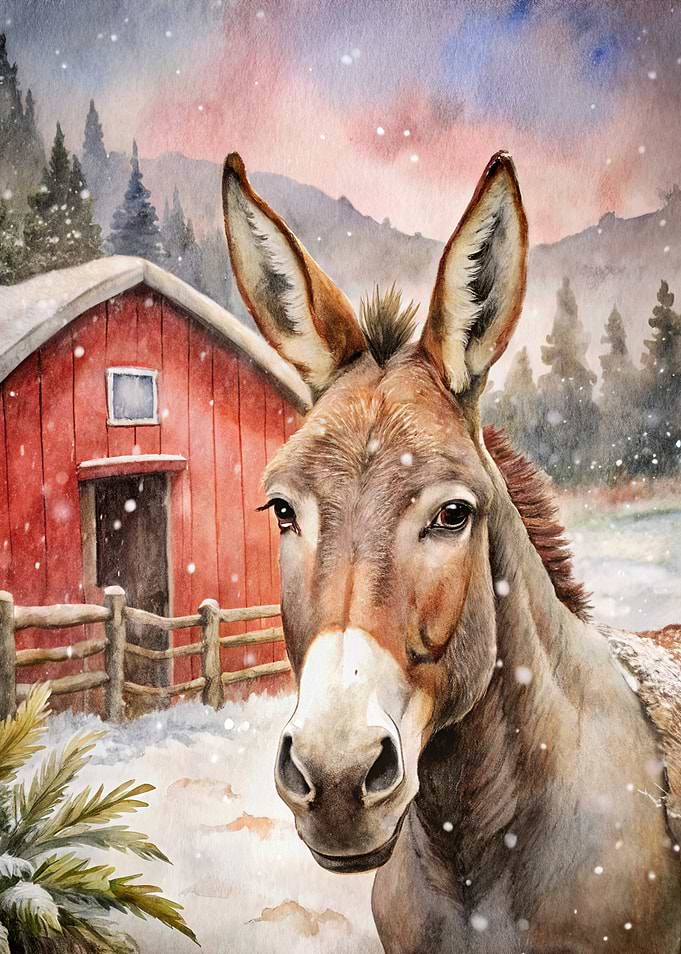 Watercolor Donkey in Winter Landscape