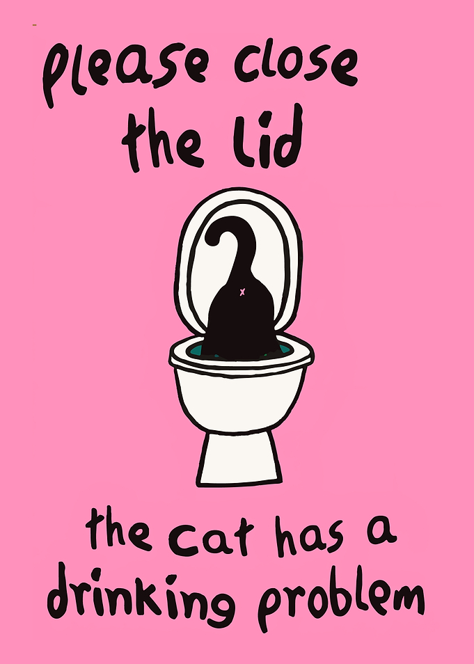 Cat drinking from toilet humor art