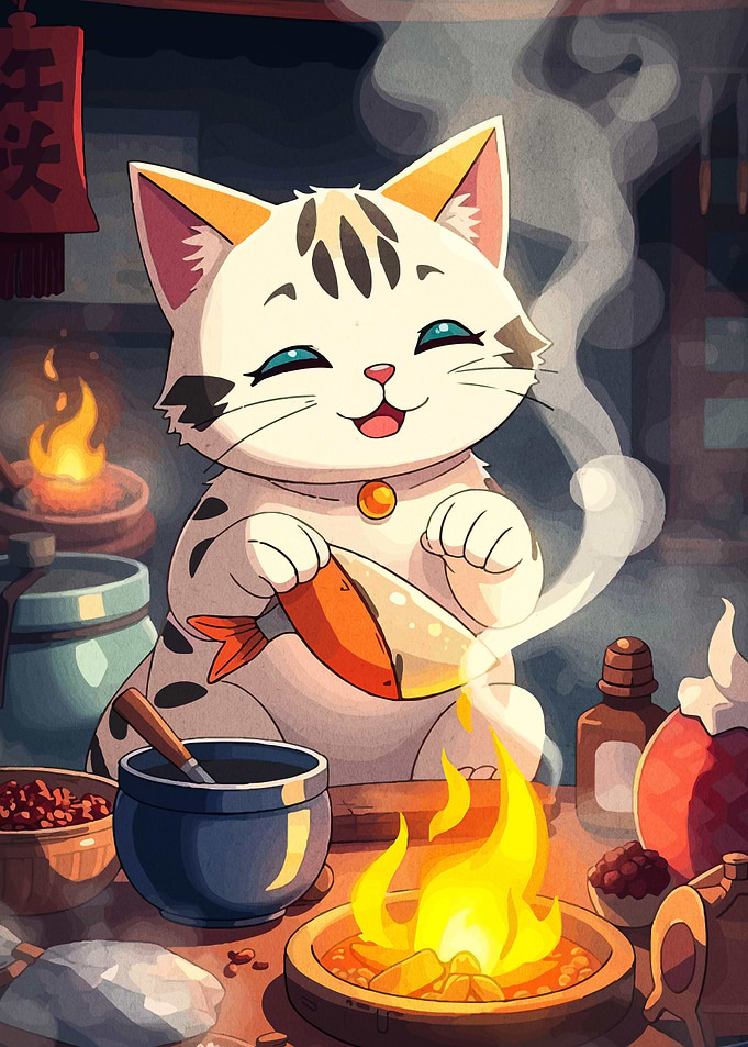 Cartoon Cat Cooking with Fire