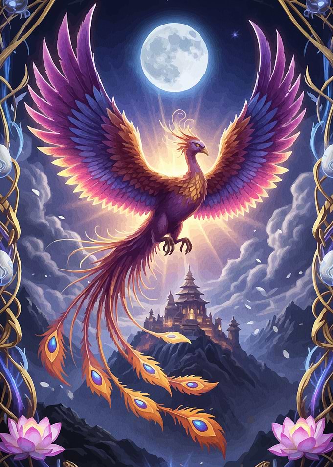 Majestic Phoenix Rising Over Castle