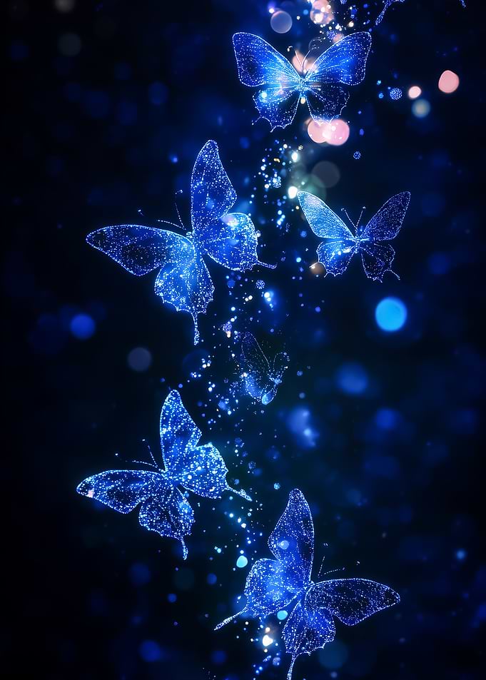 Blue Glittering Butterflies on Dark Background