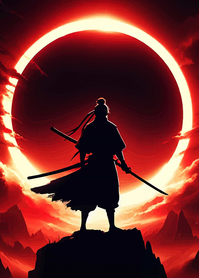Samurai Silhouette with Red Eclipse