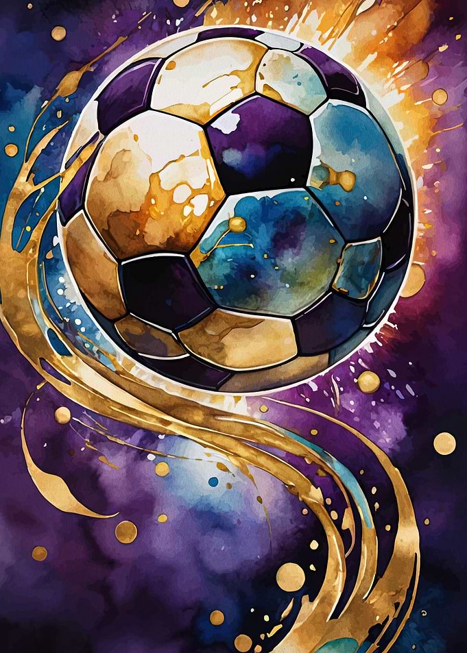 Watercolor Soccer Ball with Golden Accents