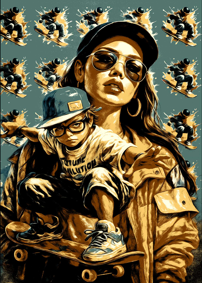 Skateboarding Duo: Mother and Child
