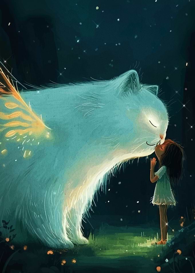 Girl and Winged Cat Illustration