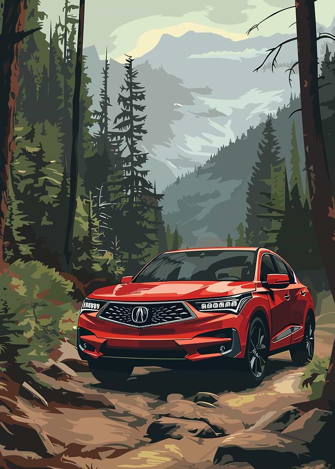 Red Acura RDX in Mountain Landscape