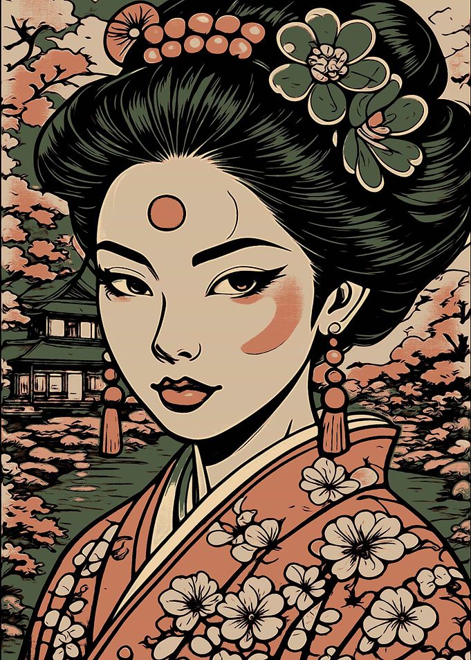 Geisha Portrait with Traditional Japanese Background