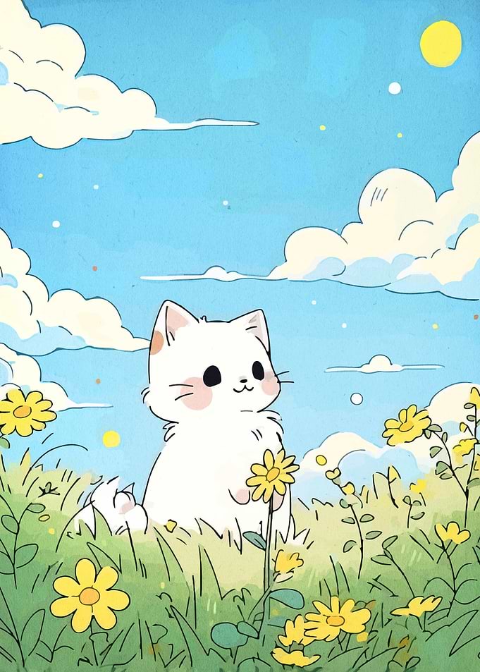 Cute Cat in Flower Field