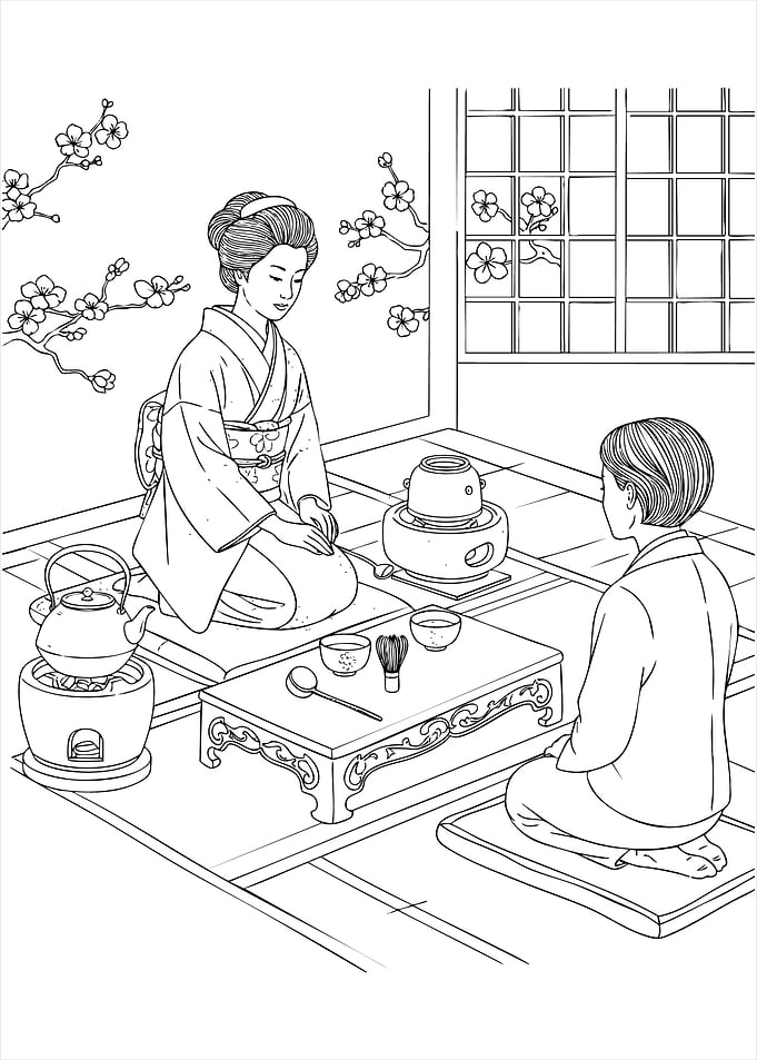 Japanese Tea Ceremony Line Art