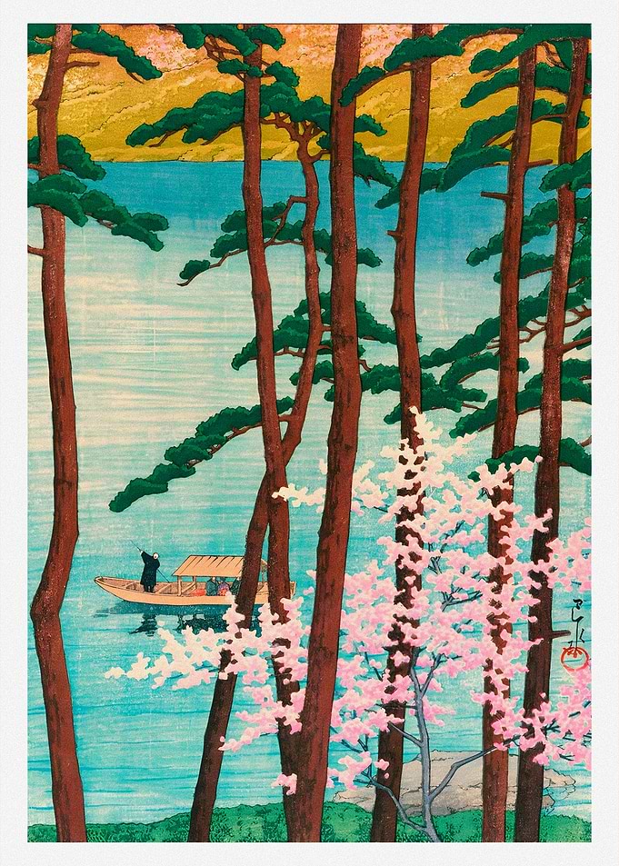 Japanese Woodblock Print: Lake and Boat