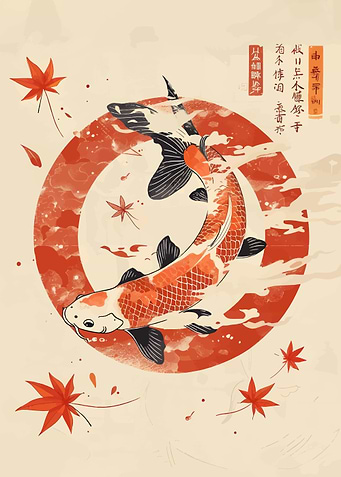 Koi Fish and Maple Leaves Art