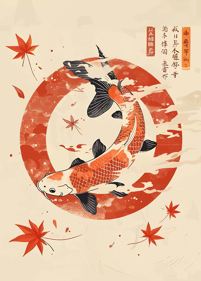 Koi Fish and Maple Leaves Art