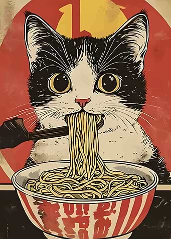 Cat eating ramen noodle