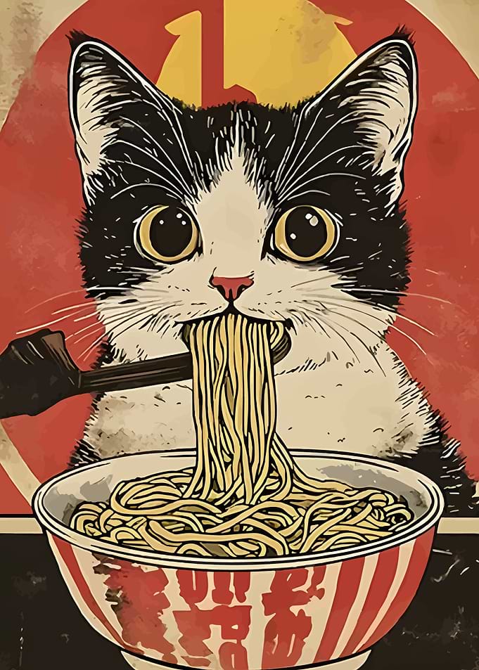 Cat eating ramen noodle