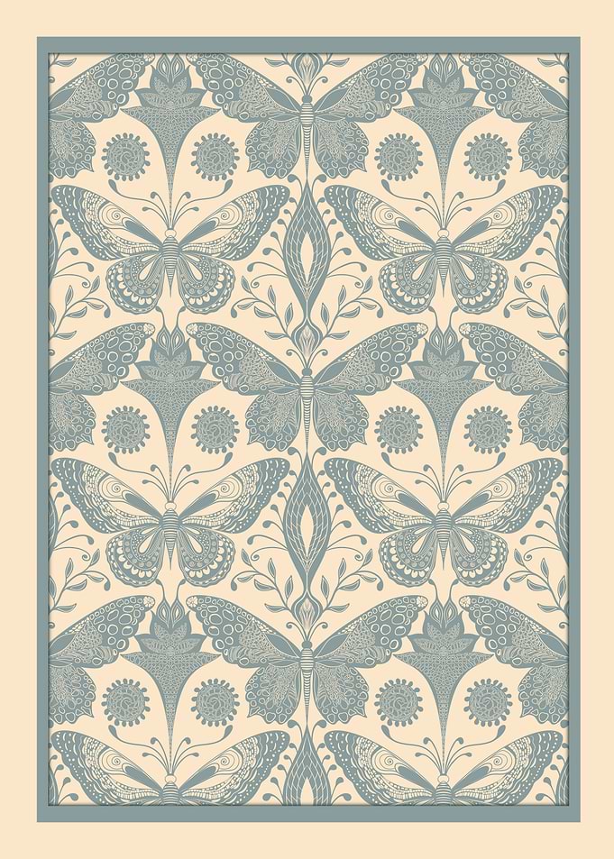 Monochrome Botanica – Blue & Cream Hand-Drawn Butterflies