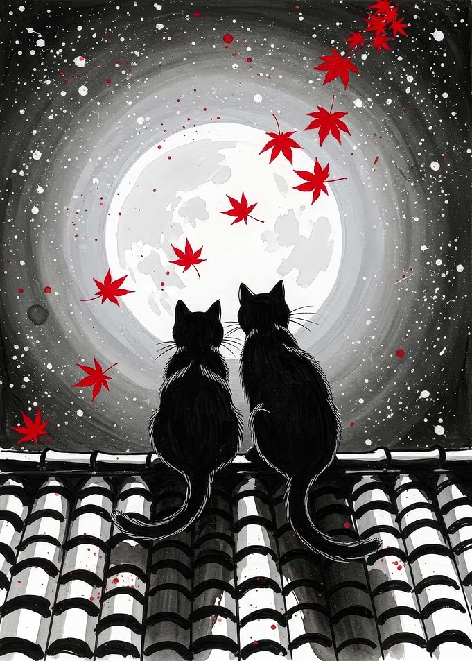 Cats on Roof Watching the Moon