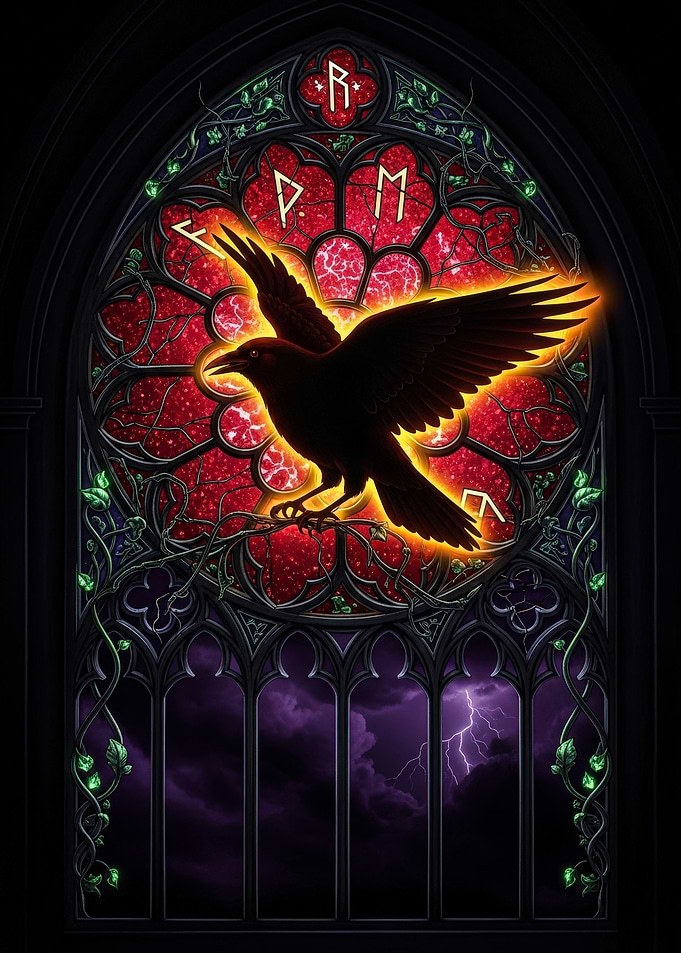 Raven in Stained Glass Window