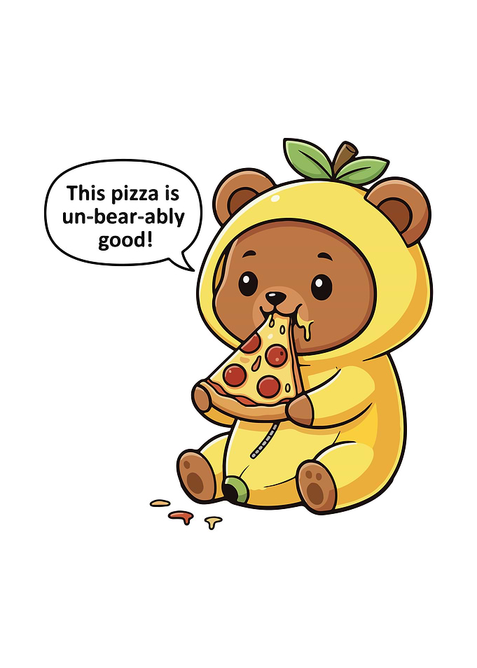 Cute Bear Eating Pizza Cartoon