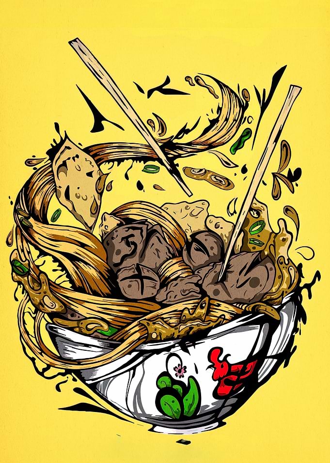 Bakso Bowl Illustration on Yellow Background