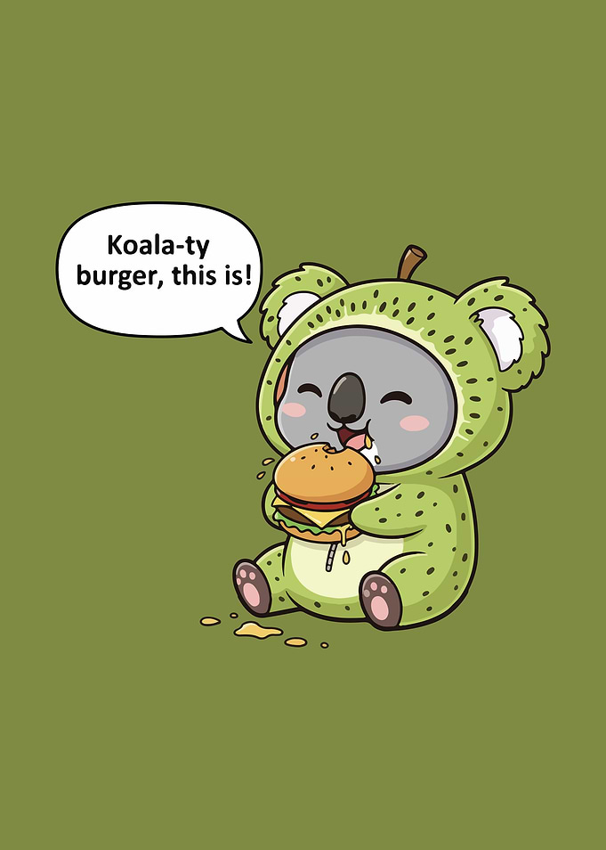 Koala in kiwi costume eating burger