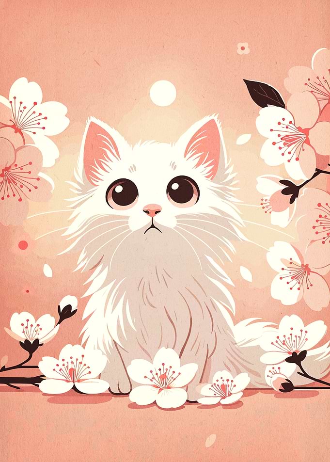 White Cat with Cherry Blossoms