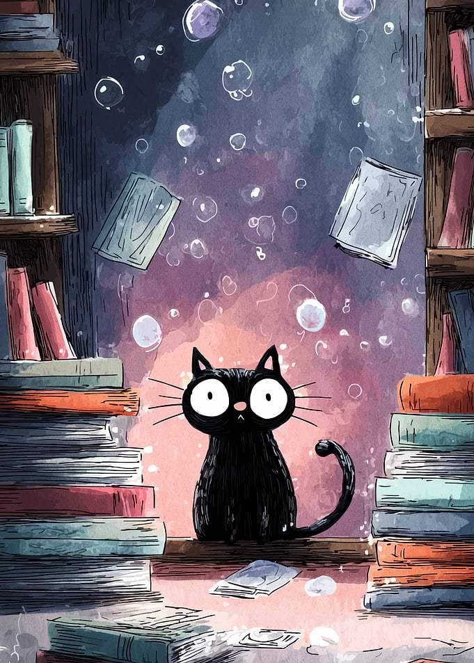 Black Cat in Library Illustration