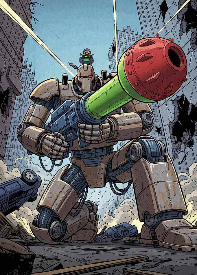 Robot in Destroyed Cityscape with Rider