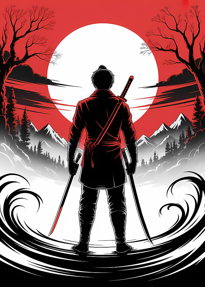 Silhouette Samurai with Dual Swords