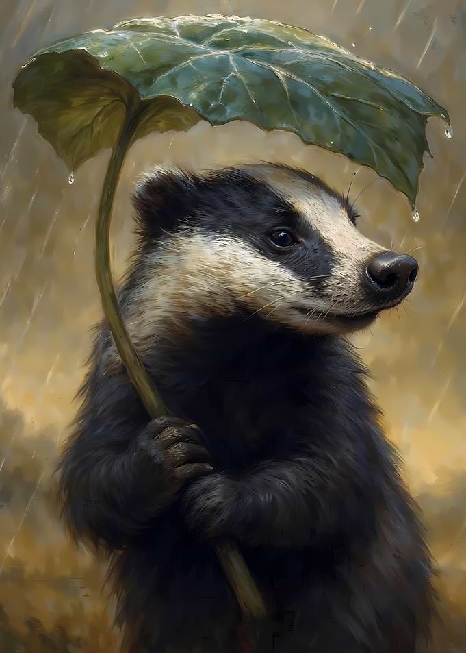 Badger with Leaf Umbrella in Rain