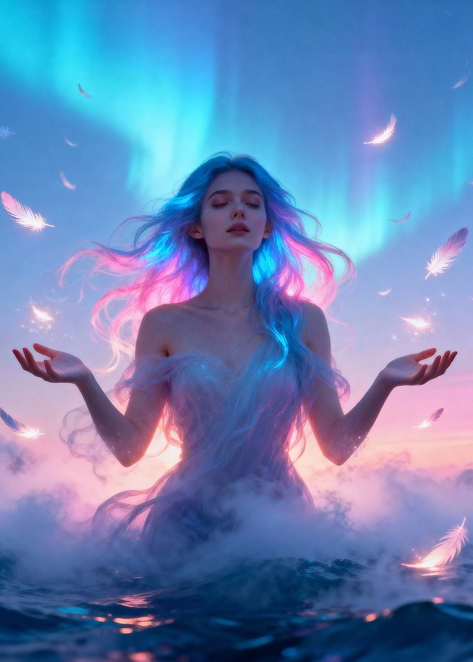 Ethereal Woman in Water with Feathers