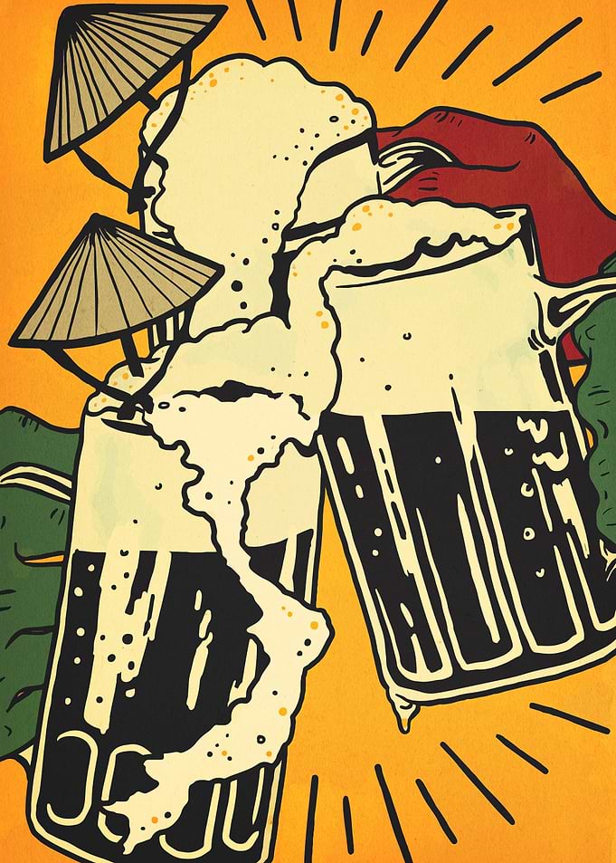 Beer Toast with Asian Conical Hats