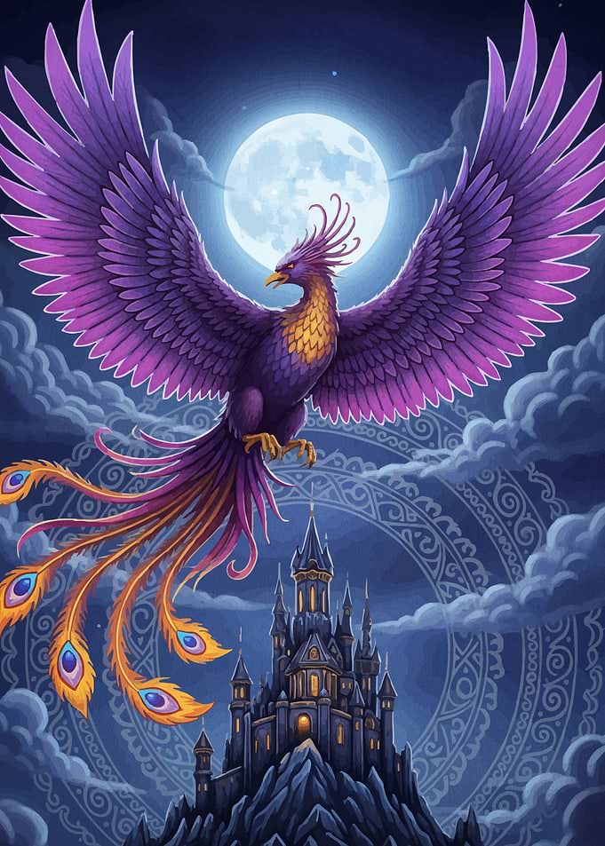 Purple Phoenix Over Castle