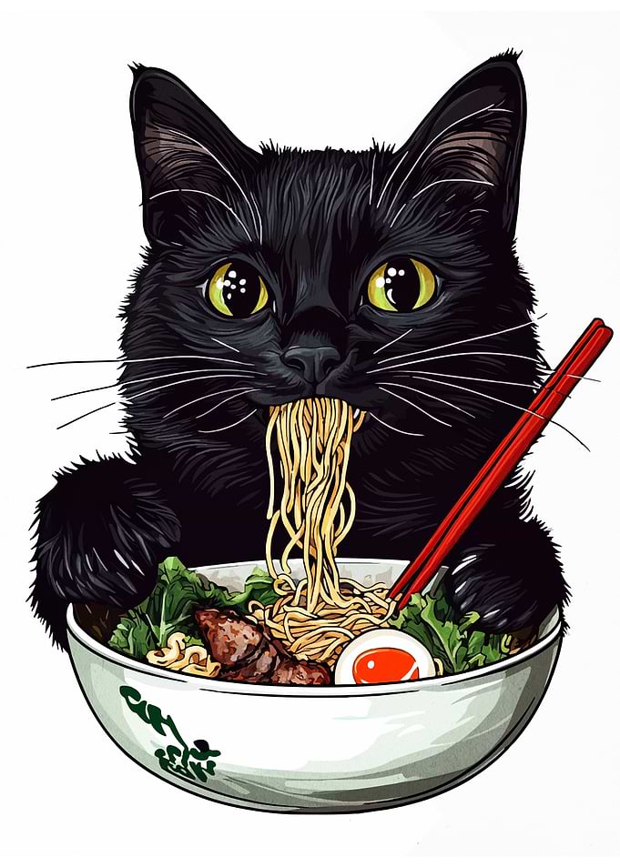 Black Cat Eating Ramen Illustration