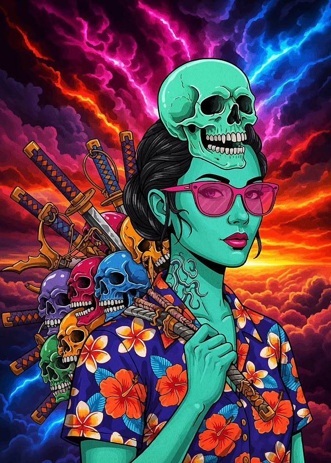 Skull Girl with Swords and Skulls