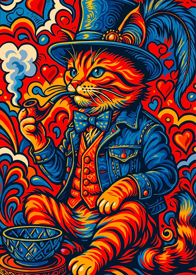Psychedelic Cat Gentleman Smoking Pipe Art