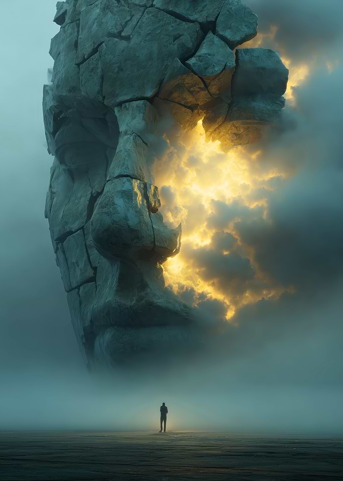 Colossus of Mist — Cracked Stone Face with Inner Light and Lone Wanderer
