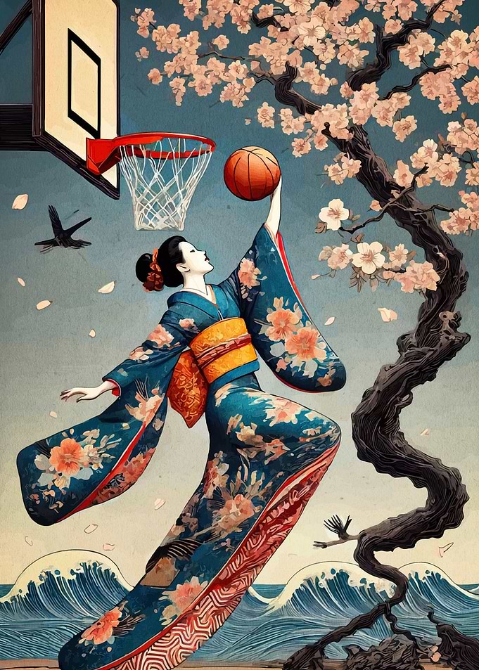 Kimono Basketball Player with Cherry Blossoms