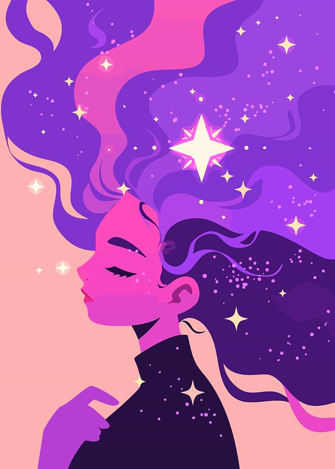 Cosmic Girl Starry Hair Purple Minimalist Art Illustration