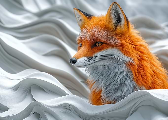 Fox portrait in white abstract waves