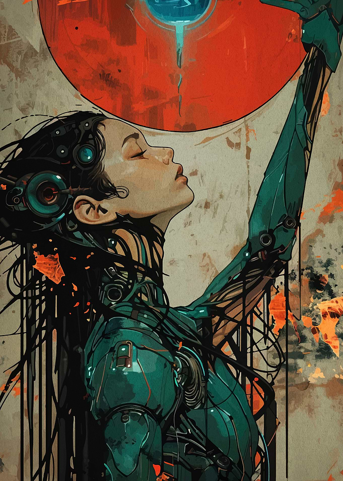 Cyborg Woman Reaching for Blue Orb