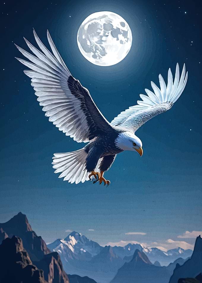 Eagle soars moonlight