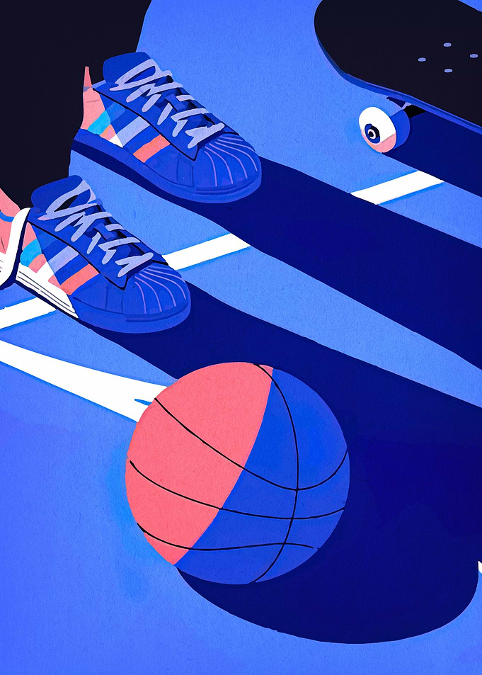 Basketball, Shoes, and Skateboard Illustration