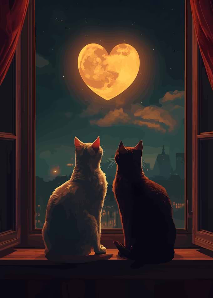 Cats gazing at heart-shaped moon