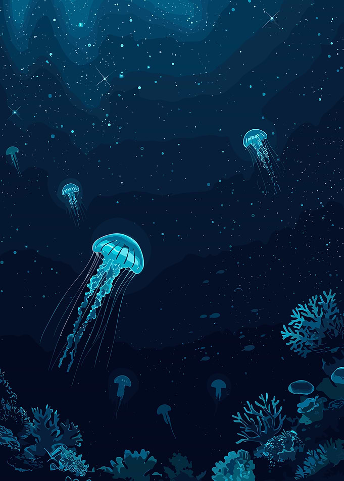 Jellyfish in Deep Blue Sea
