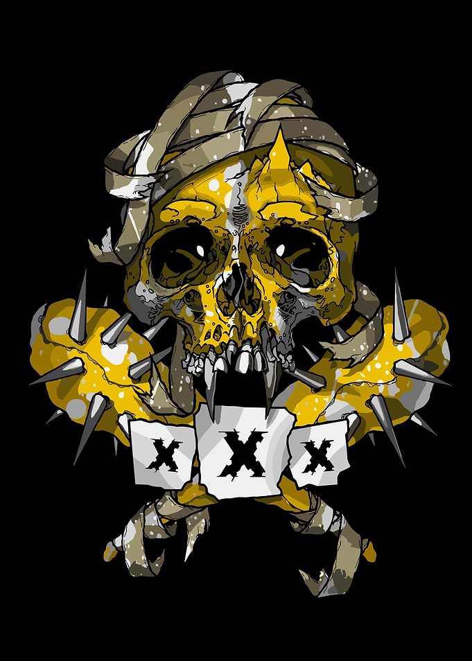 Skull with Spiked Bones and XXX Banner