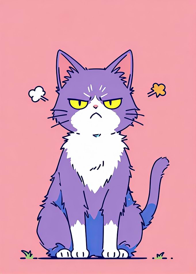 Grumpy Purple Cat Cartoon Illustration