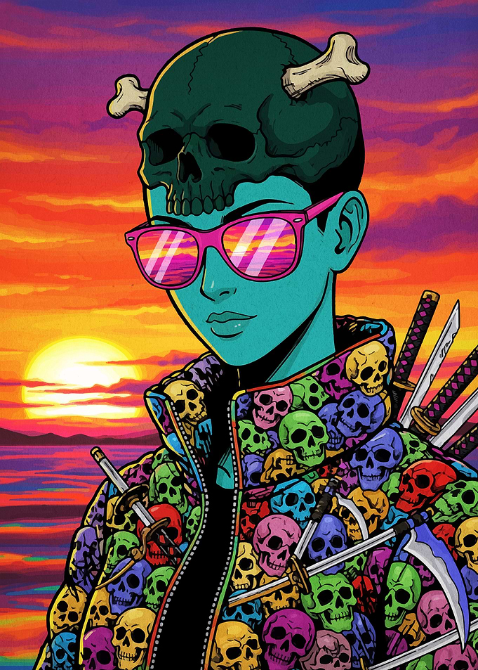 Skull-Themed Character with Sunset Backdrop