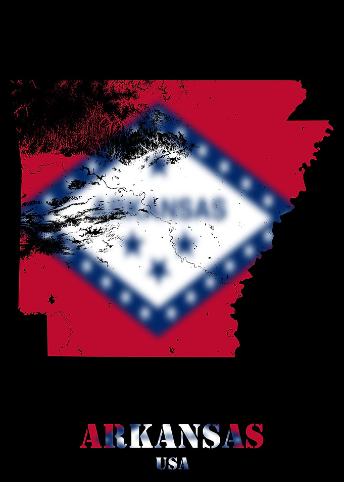 Arkansas USA State Topographic Contour Relief Map blending terrain features into its emblematic colorful flag